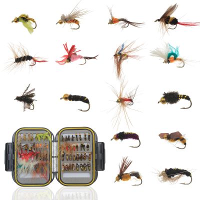 Lilureena 64Pcs Fly Fishing Flies Kit with Tackle Box, Dry/Wet Flies Handmade Fly Fishing Lures Flies, Streamer, Nymph, Emerger with Waterproof Fly Box for Trout Bass Salmon