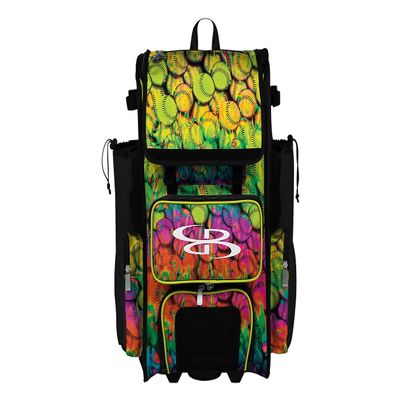Boombah Rolling Superpack 2.0 Baseball/Softball Gear Bag - 23-1/2" x 13-1/2" x 9-1/2" - Softball Neon Ballpark Multi - Telescopic Handle - Holds 4 Bats - Wheeled Version