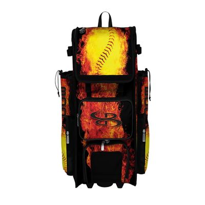Boombah Rolling Superpack 2.0 Baseball/Softball Gear Bag - 23-1/2" x 13-1/2" x 9-1/2" - Flame Thrower Black/Orange - Telescopic Handle - Holds 4 Bats - Wheeled Version
