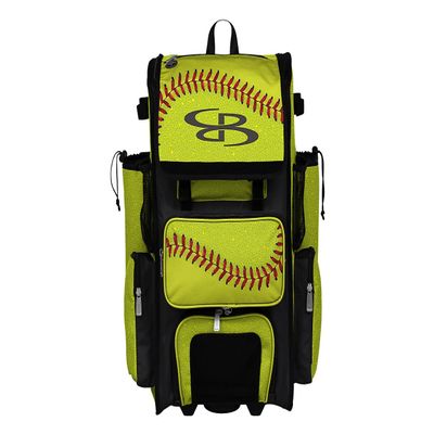 Boombah Rolling Superpack 2.0 Baseball/Softball Gear Bag - 23-1/2" x 13-1/2" x 9-1/2" - Softball 2.0 Optic Yellow/Red/Black - Telescopic Handle - Holds 4 Bats - Wheeled Version