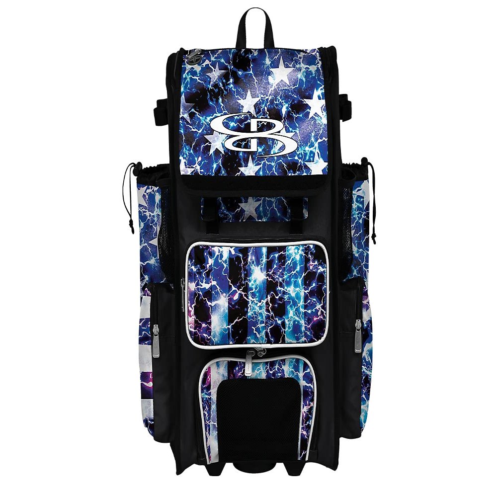 Boombah Rolling Superpack 2.0 Baseball/Softball Gear Bag - 23-1/2" x 13-1/2" x 9-1/2" - USA Banner Black/Royal Blue/White - Telescopic Handle - Holds 4 Bats - Wheeled Version