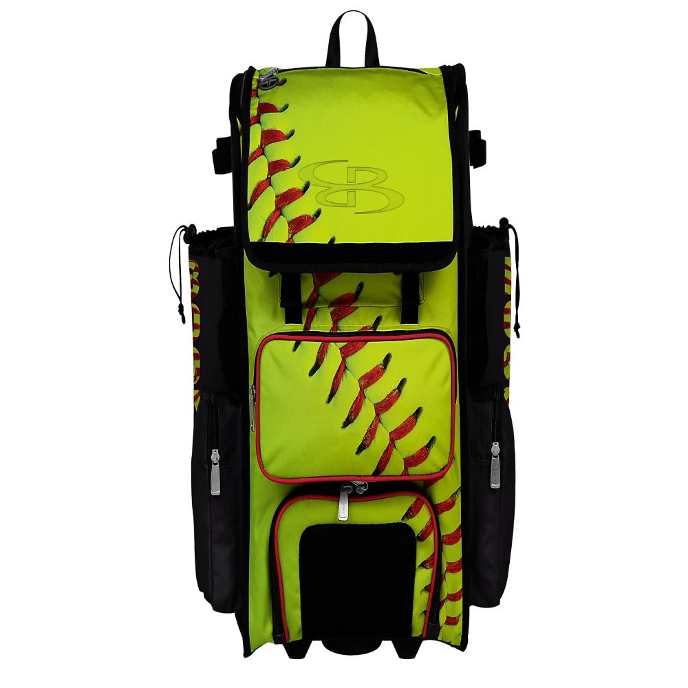 Boombah Superpack Hybrid Rolling Bat Bag - Homerun Softball Bat Pack Optic Yellow/Black/Red - Wheeled & Backpack Version