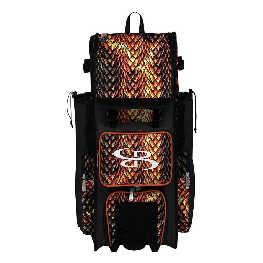 Boombah Rolling Superpack 2.0 Baseball/Softball Gear Bag - 23-1/2" x 13-1/2" x 9-1/2" - Scales Black/Orange/White - Telescopic Handle - Holds 4 Bats - Wheeled Version