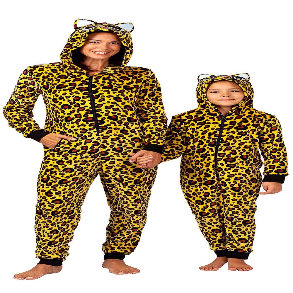 Prestigez Holiday Women, Girl or Toddler Mommy and Me Matching Onesie Pajama Costume, Cheetah, Cat, and Ladybug, Yellow - Cheetah, Size 8