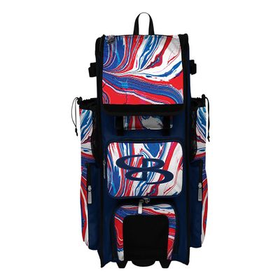 Boombah Rolling Superpack 2.0 Baseball/Softball Gear Bag - 23-1/2" x 13-1/2" x 9-1/2" - Flow 2.0 Navy/Red/White - Telescopic Handle - Holds 4 Bats - Wheeled Version