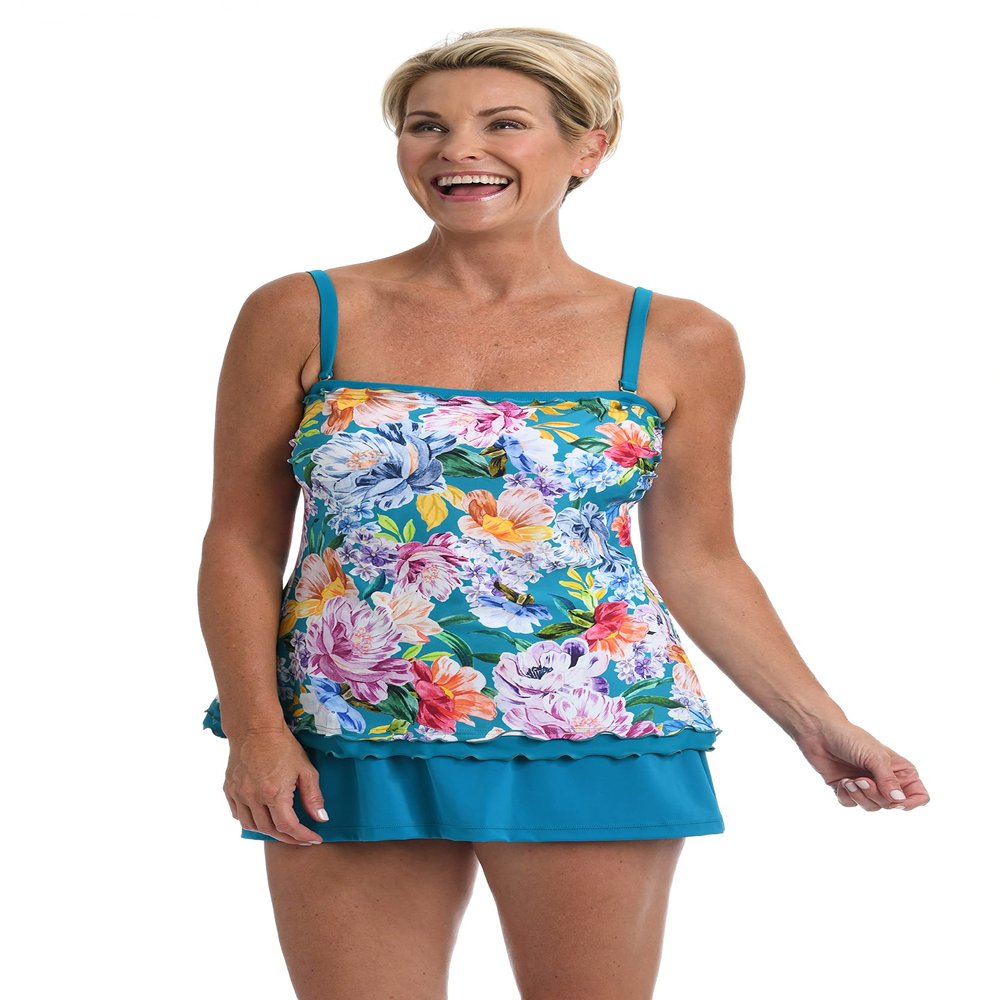 Maxine of Hollywood Women's Standard Ruffle Bandeau Tankini Swimsuit Top, Multi//English Arboretum, 6