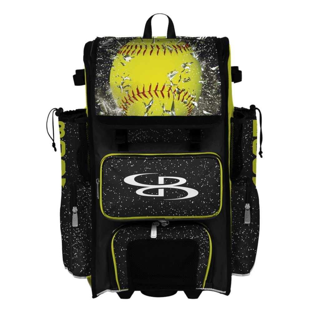 Boombah Superpack Hybrid Rolling Bat Bag - Wheeled & Backpack Version - Softball Highlight Black/Optic Yellow/Red