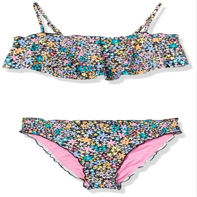 Hobie Girls' Flounce Bralette Bikini Top & Hipster Bottom Swimsuit Set, Black//Dainty Ditsy, 10