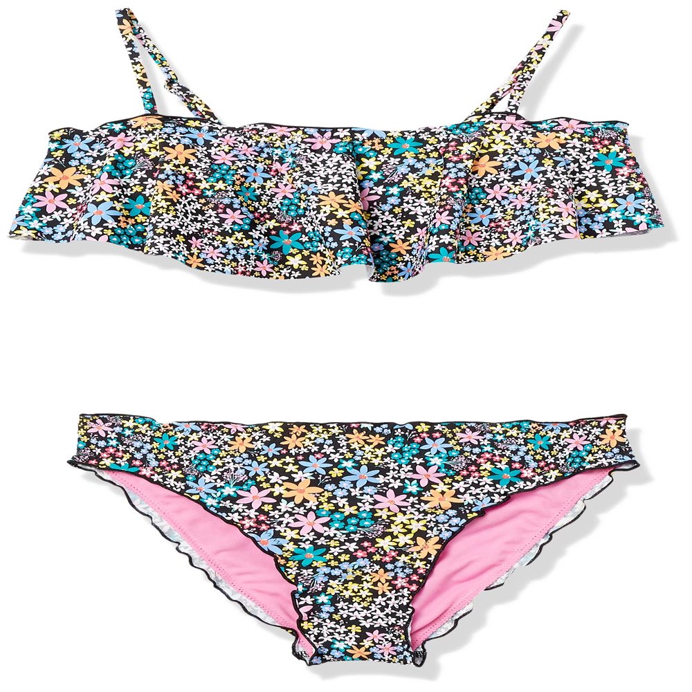 Hobie Girls' Flounce Bralette Bikini Top & Hipster Bottom Swimsuit Set, Black//Dainty Ditsy, 10