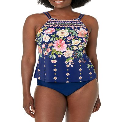 Maxine of Hollywood Women's High Neck Tankini Swimsuit Top, Navy//Border Blooms, 8