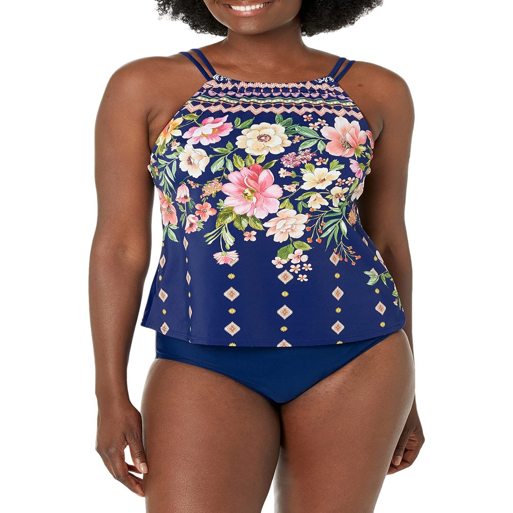 Maxine of Hollywood Women's High Neck Tankini Swimsuit Top, Navy//Border Blooms, 8