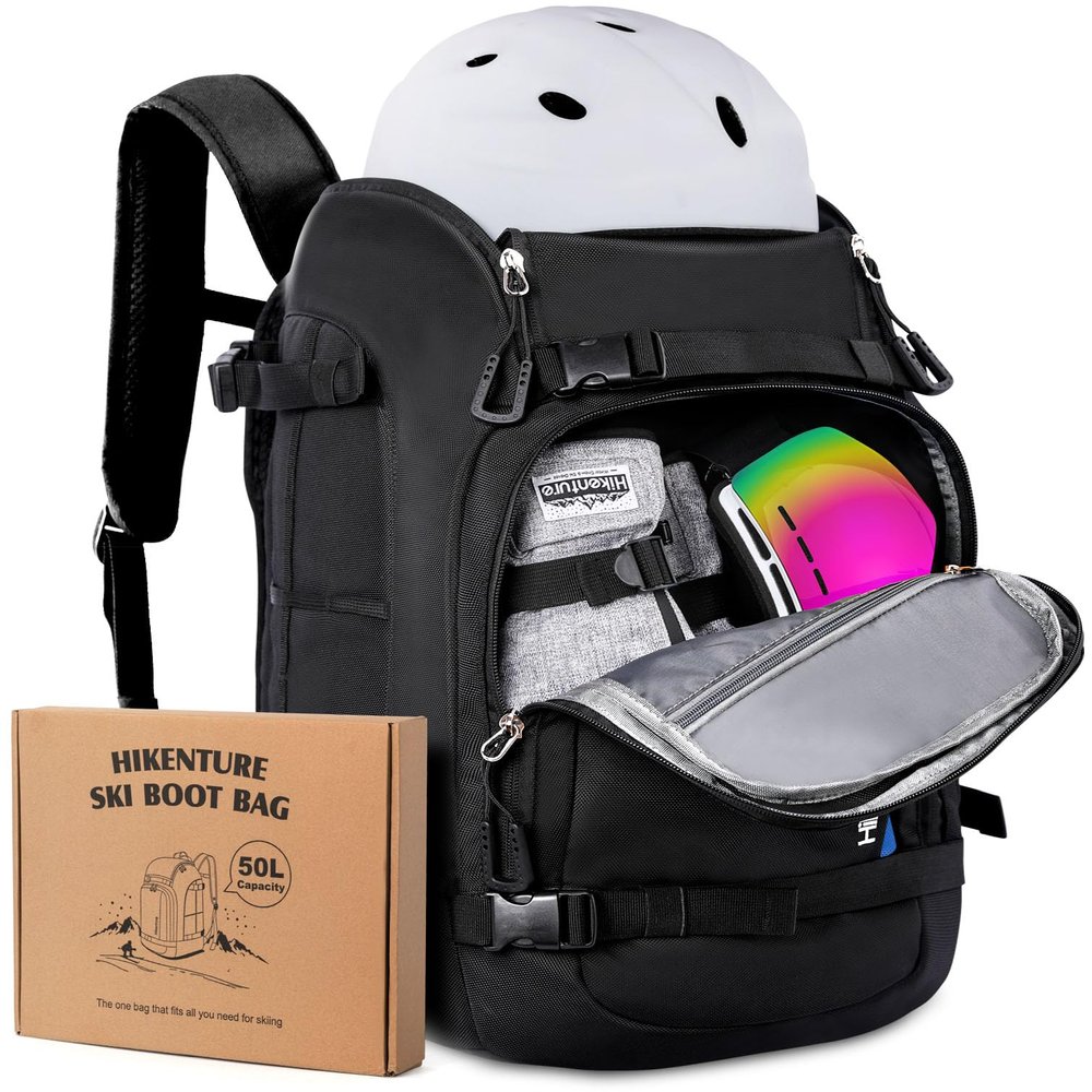 Hikenture Ski Boot Bag Backpack, 50L Padded Ski Bag Snowboard Boot Bag with Drain Holes, Large Capacity Water-Resistant Ski Travel Bag for Ski Boots, Helmet, Goggles, Clothes, Gloves, Snowboard Gear
