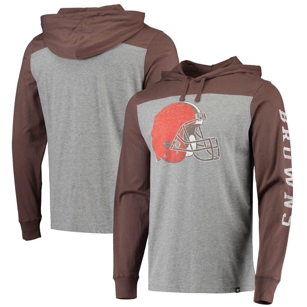 47 Men's Heathered Gray/Brown Cleveland Browns Franklin Wooster Long Sleeve Hoodie T-Shirt