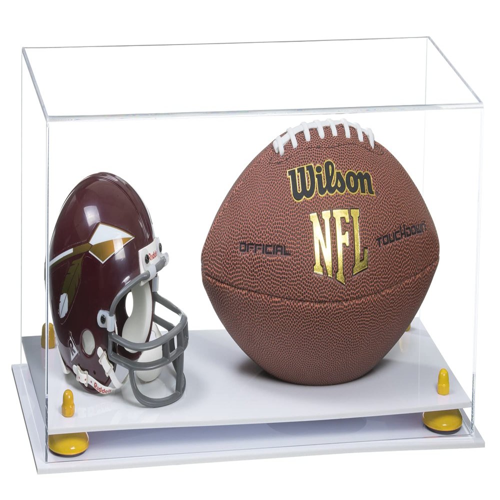 Better Display Cases Acrylic Display Case for Full Size Football and Mini Helmet - Large Rectangle Box with Clear Case, Yellow Risers and White Base 19.25" x 8.25" x 8" (B47/A103)