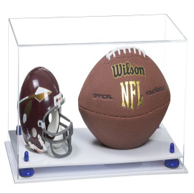 Better Display Cases Acrylic Display Case for Full Size Football and Mini Helmet - Large Rectangle Box with Clear Case, Navy Blue Risers and White Base 19.25" x 8.25" x 8" (B47/A103)