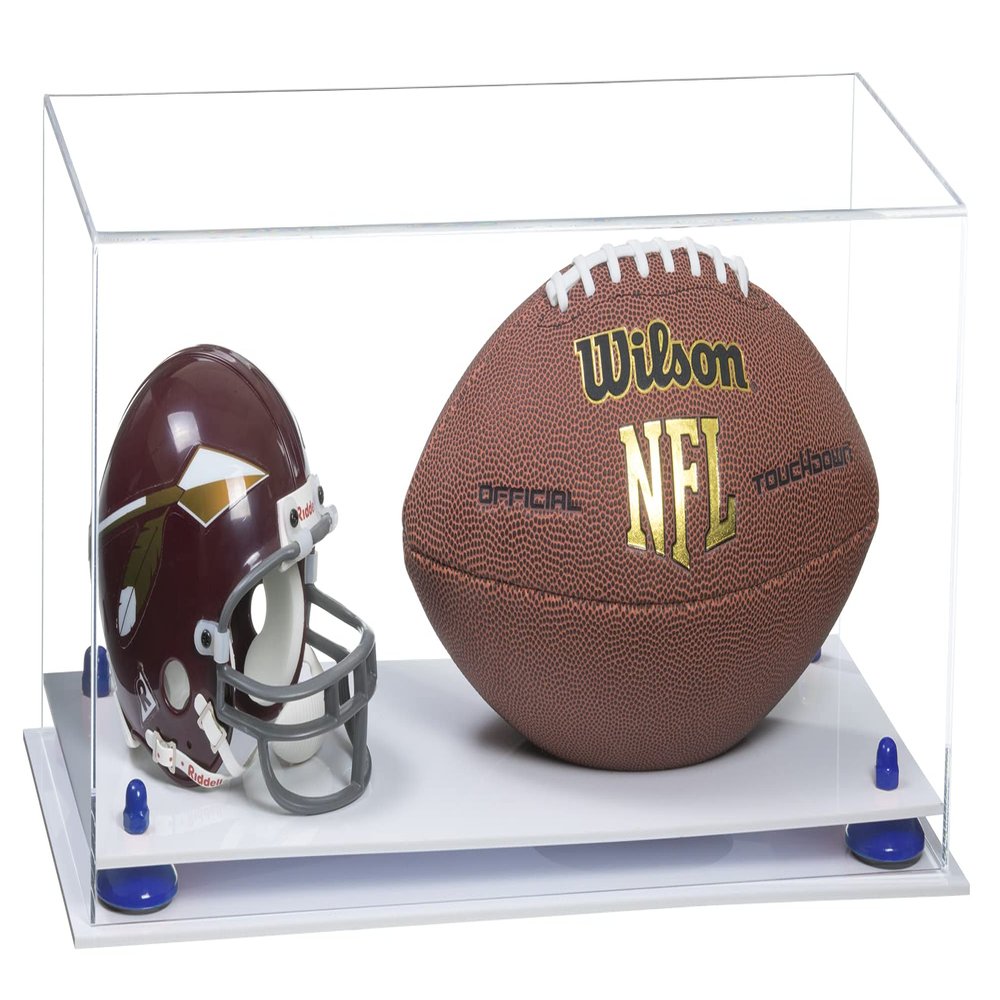 Better Display Cases Acrylic Display Case for Full Size Football and Mini Helmet - Large Rectangle Box with Clear Case, Navy Blue Risers and White Base 19.25" x 8.25" x 8" (B47/A103)