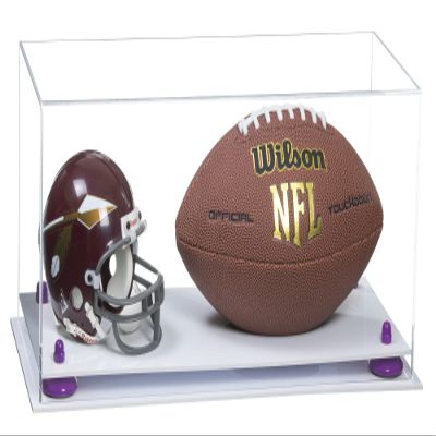 Better Display Cases Acrylic Display Case for Full Size Football and Mini Helmet - Large Rectangle Box with Clear Case, Purple Risers and White Base 19.25" x 8.25" x 8" (B47/A103)