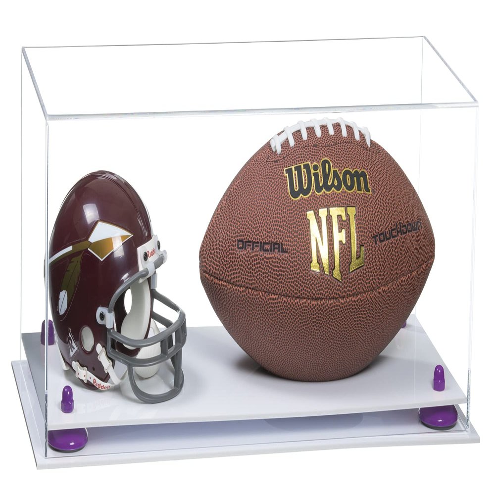 Better Display Cases Acrylic Display Case for Full Size Football and Mini Helmet - Large Rectangle Box with Clear Case, Purple Risers and White Base 19.25" x 8.25" x 8" (B47/A103)