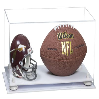 Better Display Cases Acrylic Display Case for Full Size Football and Mini Helmet - Large Rectangle Box with Clear Case, White Risers and White Base 19.25" x 8.25" x 8" (B47/A103)