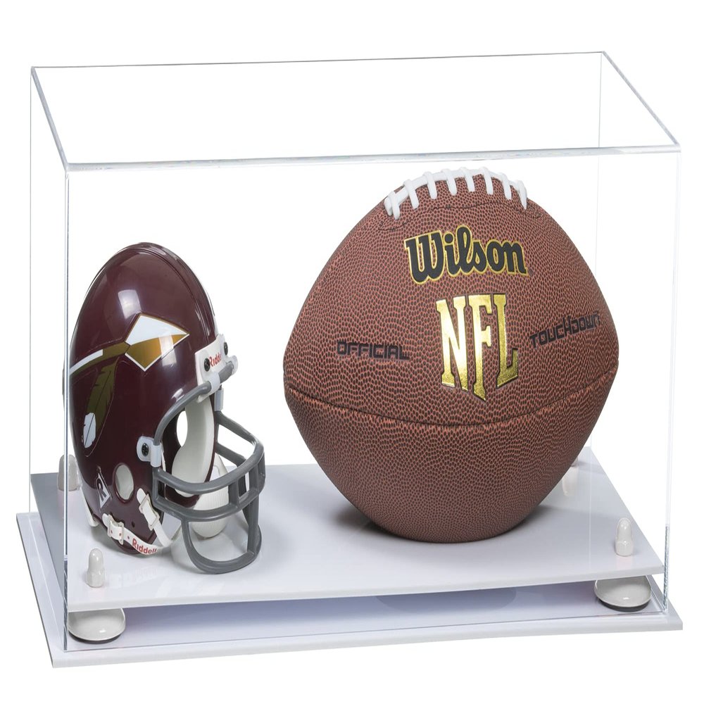 Better Display Cases Acrylic Display Case for Full Size Football and Mini Helmet - Large Rectangle Box with Clear Case, White Risers and White Base 19.25" x 8.25" x 8" (B47/A103)