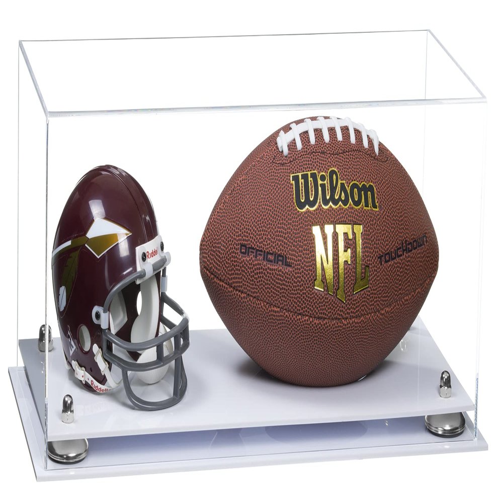 Better Display Cases Acrylic Display Case for Full Size Football and Mini Helmet - Large Rectangle Box with Clear Case, Silver Risers and White Base 19.25" x 8.25" x 8" (B47/A103)