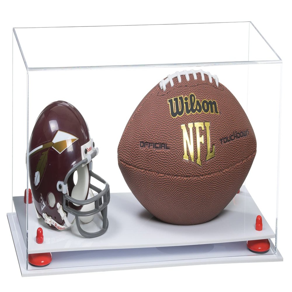 Better Display Cases Acrylic Display Case for Full Size Football and Mini Helmet - Large Rectangle Box with Clear Case, Red Risers and White Base 19.25" x 8.25" x 8" (B47/A103)