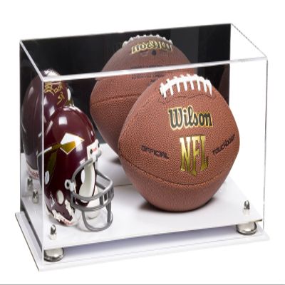 Better Display Cases Acrylic Display Case for Full Size Football and Mini Helmet - Large Rectangle Box with Mirror Case, Silver Risers and White Base 19.25" x 8.25" x 8" (B47/A103)
