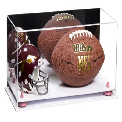 Better Display Cases Acrylic Display Case for Full Size Football and Mini Helmet - Large Rectangle Box with Mirror Case, Pink Risers and White Base 19.25" x 8.25" x 8" (B47/A103)
