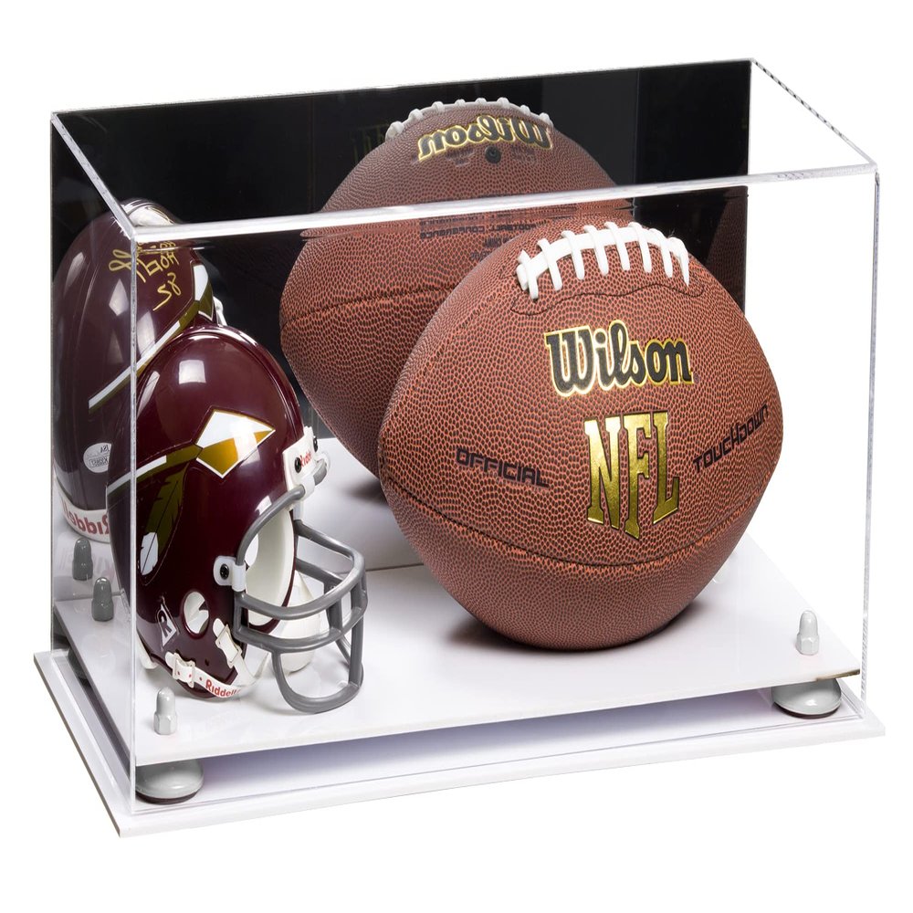 Better Display Cases Acrylic Display Case for Full Size Football and Mini Helmet - Large Rectangle Box with Mirror Case, White Risers and White Base 19.25" x 8.25" x 8" (B47/A103)