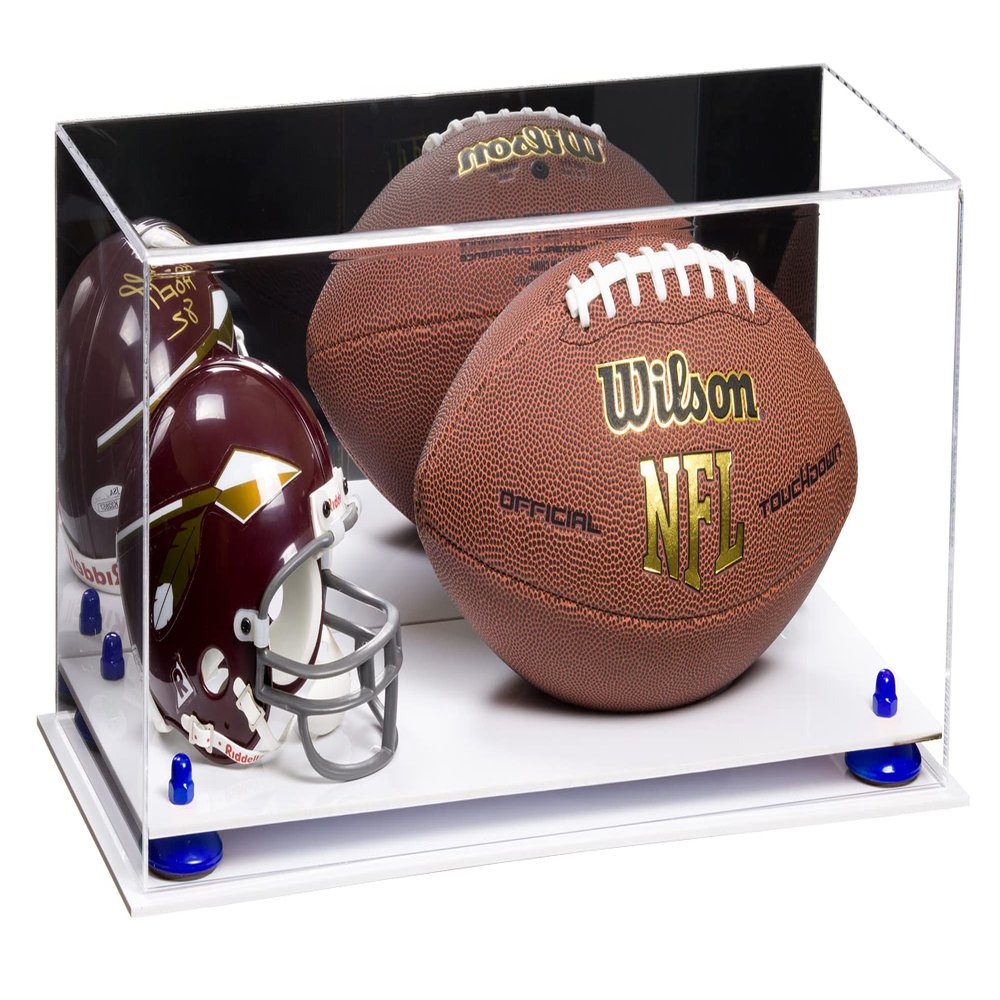 Better Display Cases Acrylic Display Case for Full Size Football and Mini Helmet - Large Rectangle Box with Mirror Case, Navy Blue Risers and White Base 19.25" x 8.25" x 8" (B47/A103)