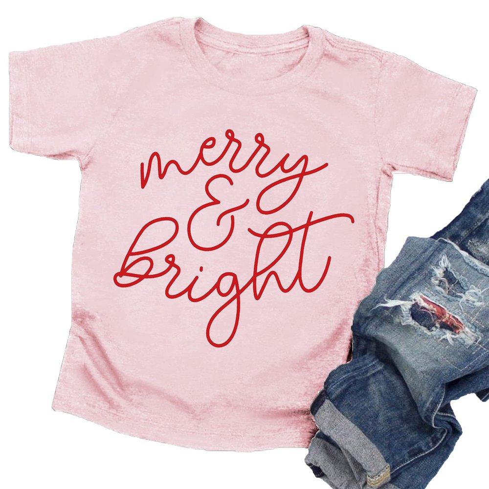 Christmas Shirts Toddler Boy Girls Merry and Bright T-Shirt Christmas Lights Graphic Tees Holiday Tops Pink