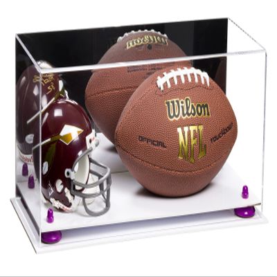 Better Display Cases Acrylic Display Case for Full Size Football and Mini Helmet - Large Rectangle Box with Mirror Case, Purple Risers and White Base 19.25" x 8.25" x 8" (B47/A103)