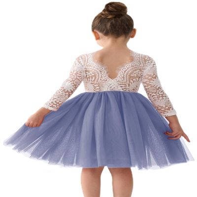 2Bunnies Girl Peony Lace Back A-Line Straight Tutu Tulle Party Flower Girl Dress (Bluish Gray Sleeve Short, 3T)