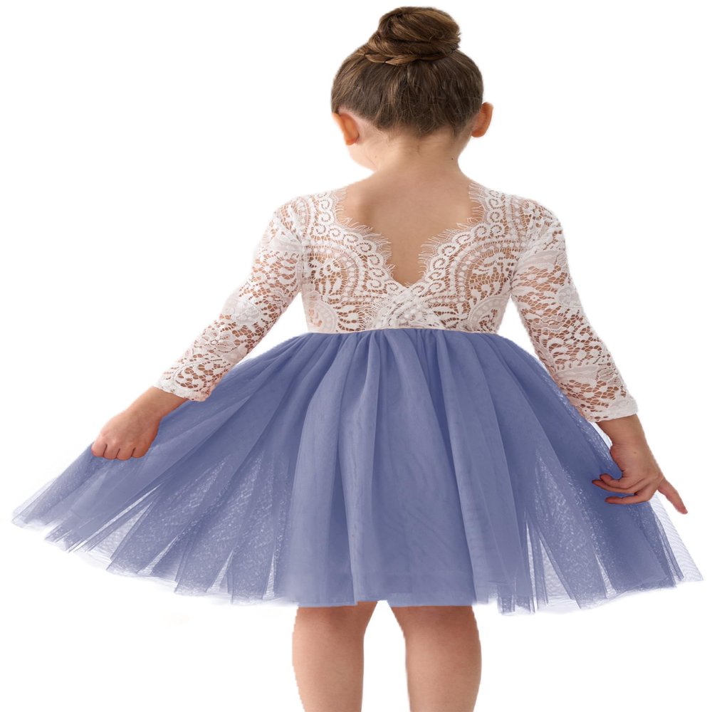 2Bunnies Girl Peony Lace Back A-Line Straight Tutu Tulle Party Flower Girl Dress (Bluish Gray Sleeve Short, 12-18M)