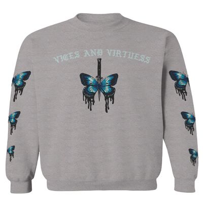 0415. Aesthetics Summer dope Print Blue Butterfly Knife Tattoo Streetwear Graphic Men's Crewneck Sweatshirt (Light Gray Small)