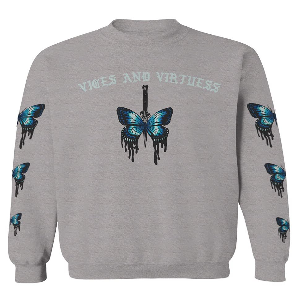 0415. Aesthetics Summer dope Print Blue Butterfly Knife Tattoo Streetwear Graphic Men's Crewneck Sweatshirt (Light Gray Small)