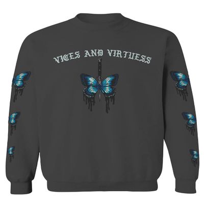 0415. Aesthetics Summer dope Print Blue Butterfly Knife Tattoo Streetwear Graphic Men's Crewneck Sweatshirt (Characol Medium)