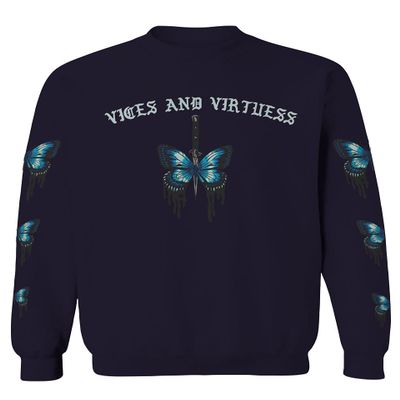 0415. Aesthetics Summer dope Print Blue Butterfly Knife Tattoo Streetwear Graphic Men's Crewneck Sweatshirt (Navy Large)