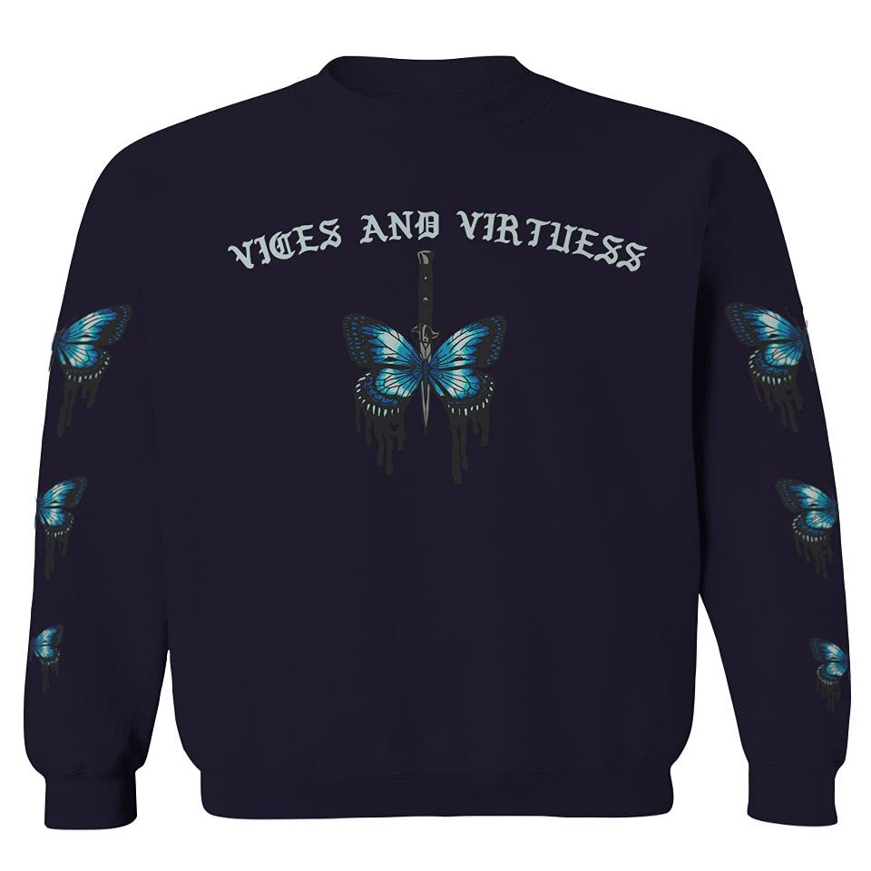 0415. Aesthetics Summer dope Print Blue Butterfly Knife Tattoo Streetwear Graphic Men's Crewneck Sweatshirt (Navy X-Large)
