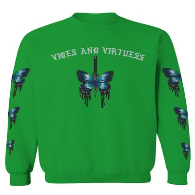 0415. Aesthetics Summer dope Print Blue Butterfly Knife Tattoo Streetwear Graphic Men's Crewneck Sweatshirt (Irish Green Small)