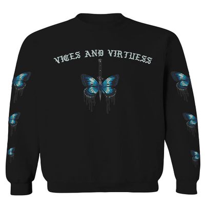 0415. Aesthetics Summer dope Print Blue Butterfly Knife Tattoo Streetwear Graphic Men's Crewneck Sweatshirt (Black Medium)