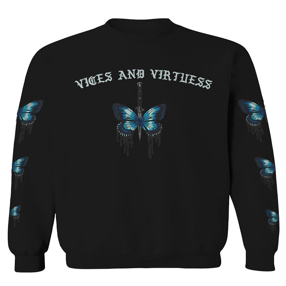 0415. Aesthetics Summer dope Print Blue Butterfly Knife Tattoo Streetwear Graphic Men's Crewneck Sweatshirt (Black Medium)
