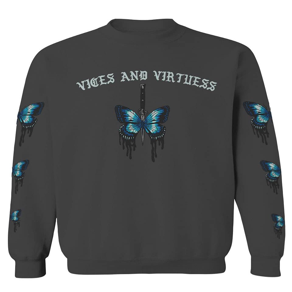 0415. Aesthetics Summer dope Print Blue Butterfly Knife Tattoo Streetwear Graphic Men's Crewneck Sweatshirt (Characol X-Large)