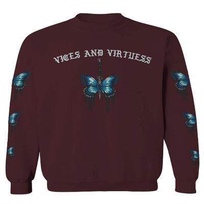 0415. Aesthetics Summer dope Print Blue Butterfly Knife Tattoo Streetwear Graphic Men's Crewneck Sweatshirt (Maroon Medium)