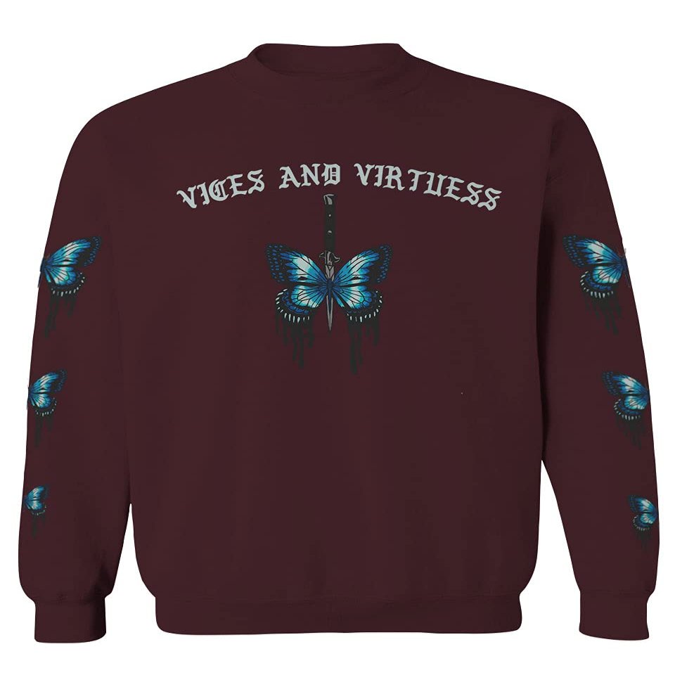 0415. Aesthetics Summer dope Print Blue Butterfly Knife Tattoo Streetwear Graphic Men's Crewneck Sweatshirt (Maroon Medium)