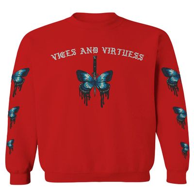 0415. Aesthetics Summer dope Print Blue Butterfly Knife Tattoo Streetwear Graphic Men's Crewneck Sweatshirt (Red, Medium)