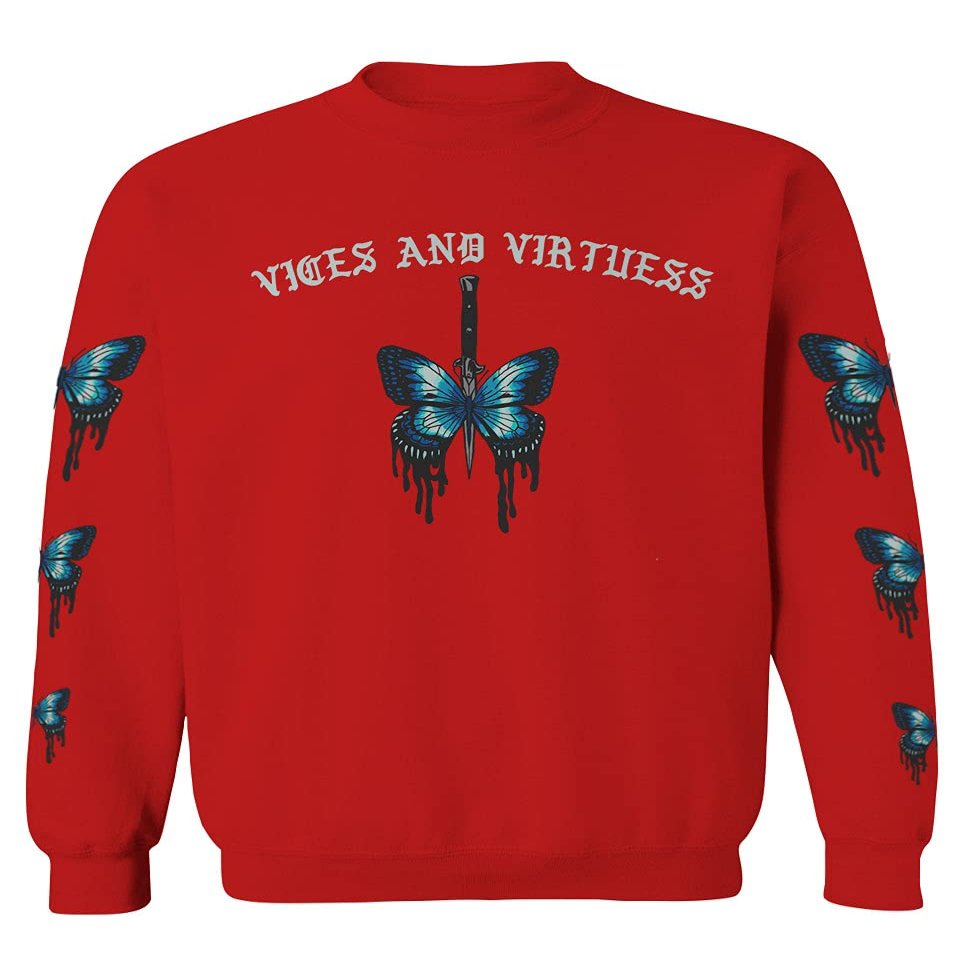 0415. Aesthetics Summer dope Print Blue Butterfly Knife Tattoo Streetwear Graphic Men's Crewneck Sweatshirt (Red, Medium)