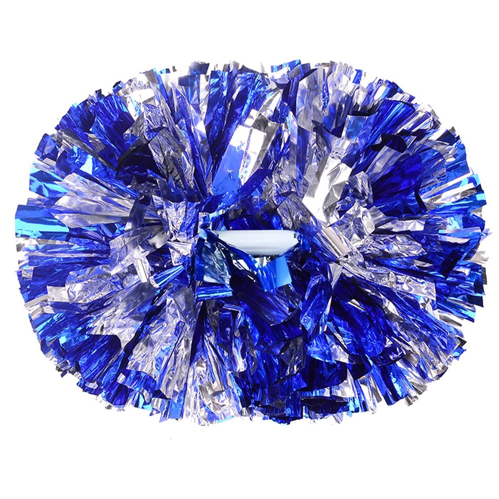 2 Pack Cheerleading Pom Poms with Handle, Metallic Foil Cheer Pom Poms, Cheerleader Pom Poms for Sports Party Dance Team Cheering Squad Spirit Kids Adult, Blue and Silver