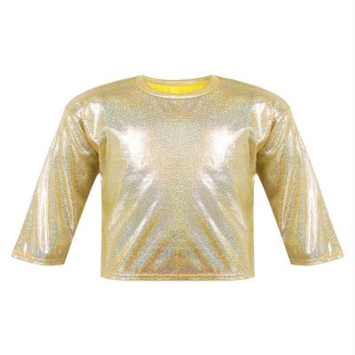Aislor Girls Boys Shiny Metallic Tee Shirts Long Sleeve Loose Dance Top Performance Party Blouse Dancewear Clubwear Gold 12-14 Years