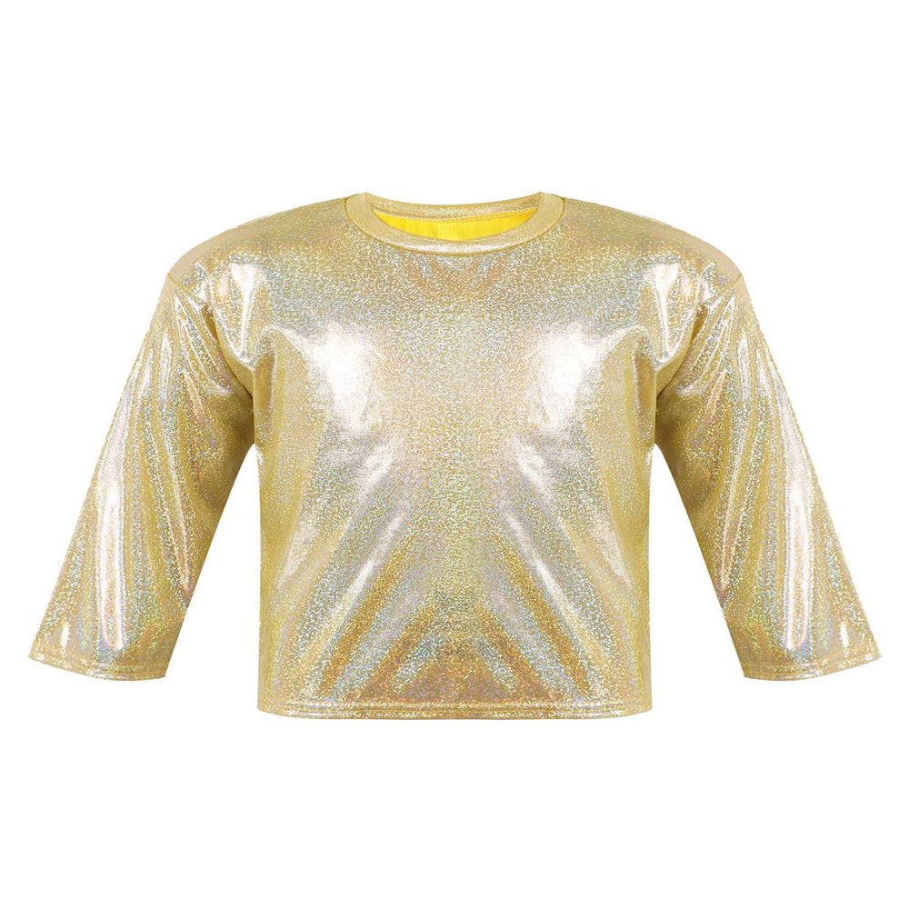 Aislor Girls Boys Shiny Metallic Tee Shirts Long Sleeve Loose Dance Top Performance Party Blouse Dancewear Clubwear Gold 12-14 Years